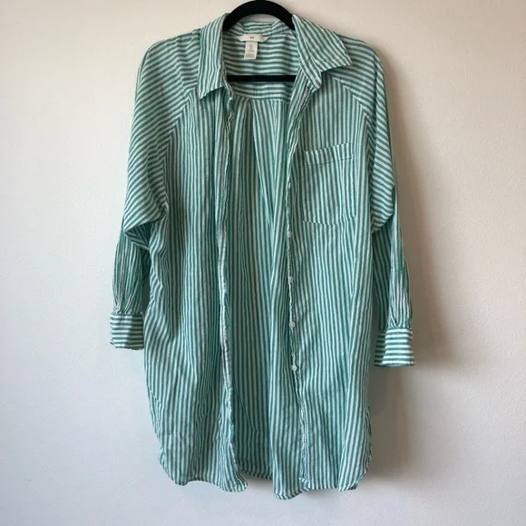 H&M 100% Cotton Green and White Oversized Striped Button Down Shirt Size S - Picture 2 of 10
